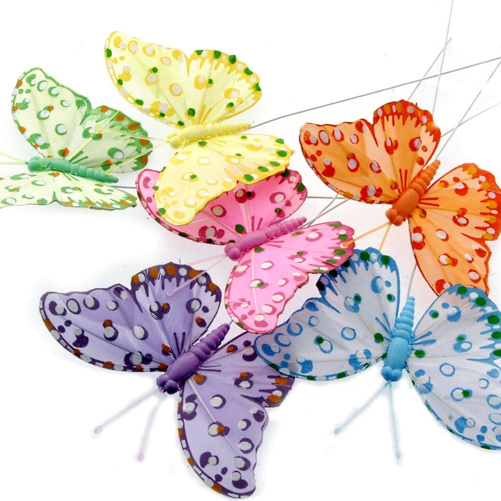 Corsage Creations - 10cm Feather Butterflies - Lilac, Pink, Yellow, Green, Blue & Orange (12pcs per pk, on a 20cm wire)
