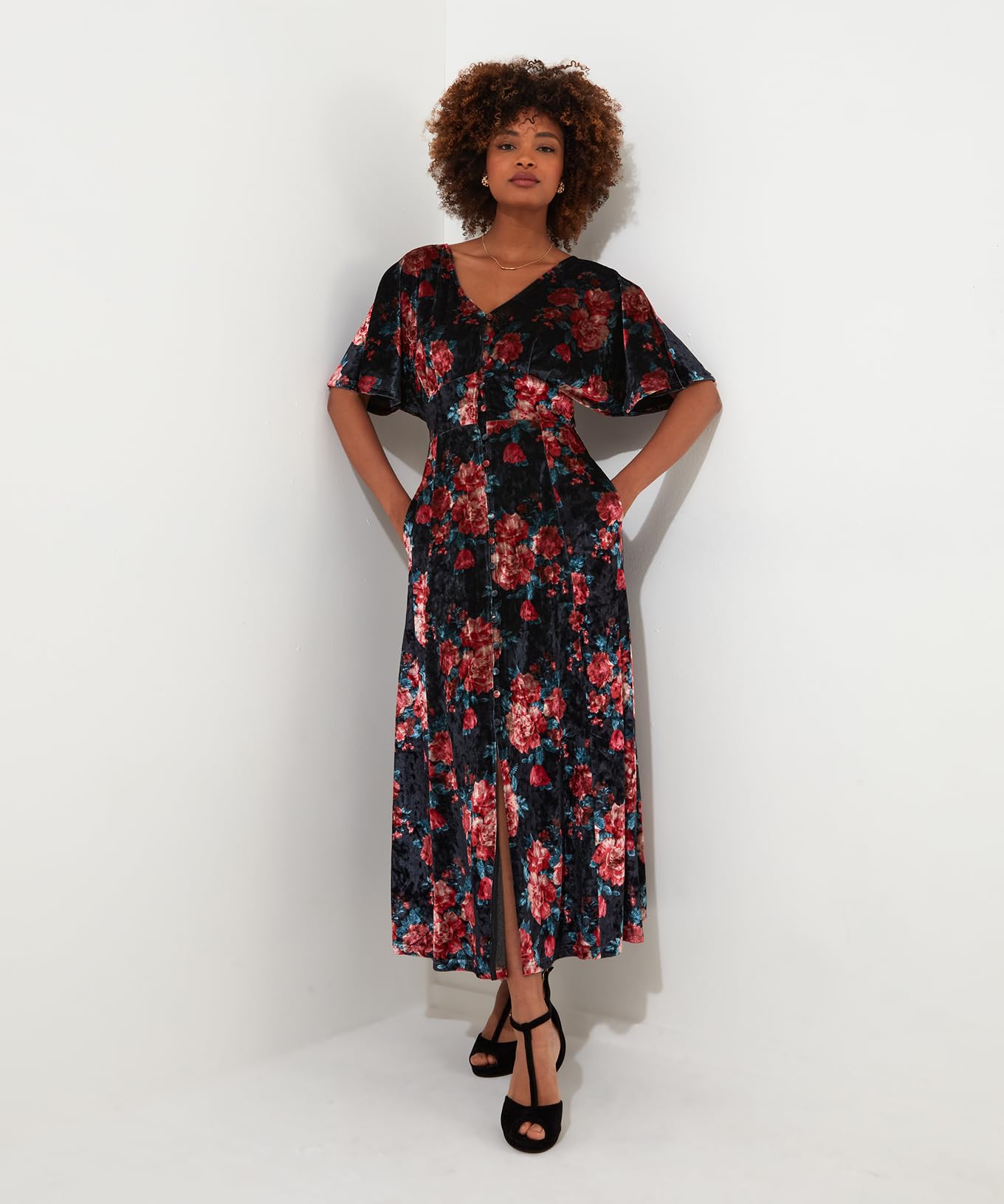 Joe Browns Rose Floral Tie Waist Velour V-Neck Dress Robe, Noir, 38 Femme
