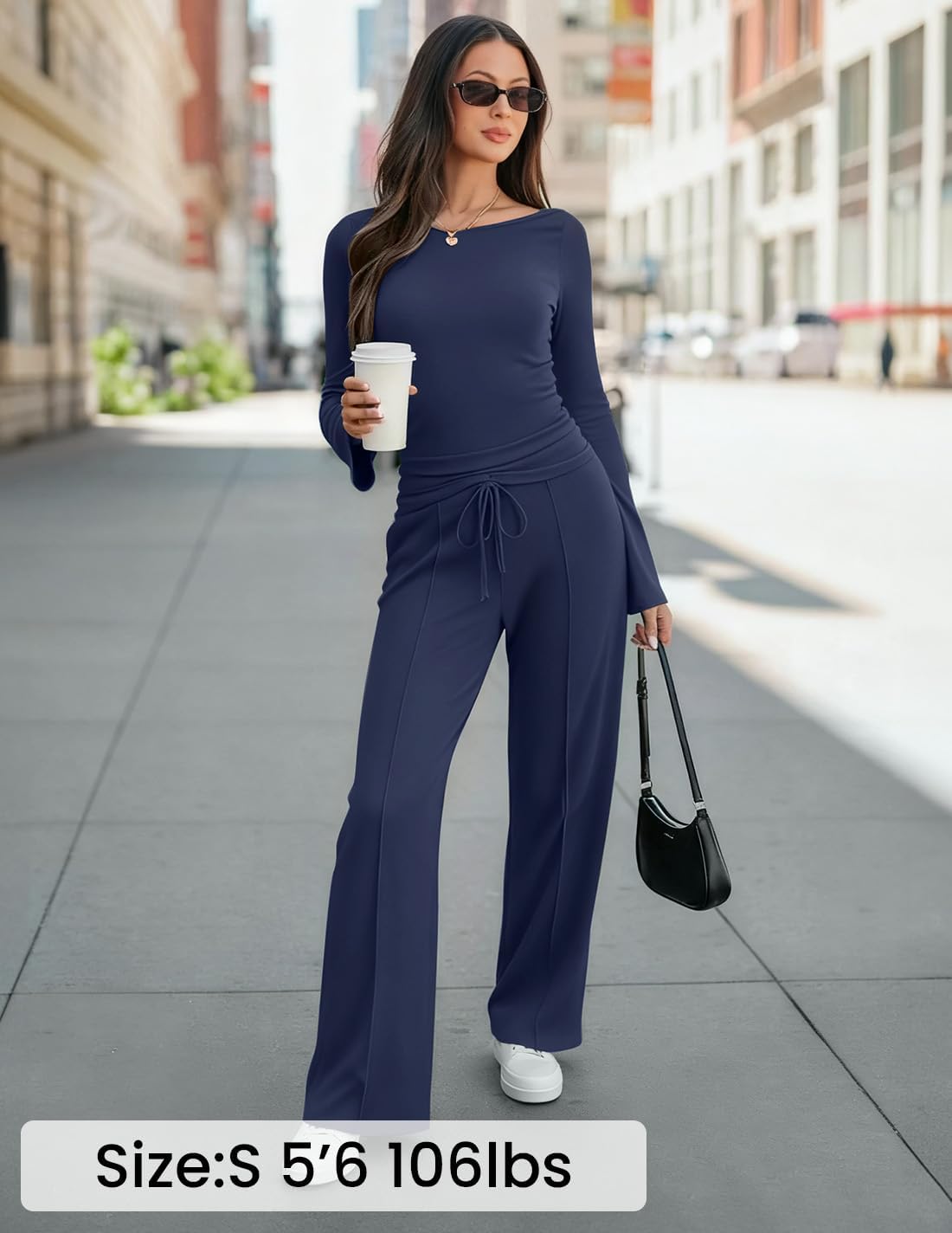 ZESICA Women's 2 Piece Lounge Sets Fall 2026 Casual Long Sleeve Boat Neck Ribbed Tops Wide Leg Pants Outfits with Pocket - Image 6