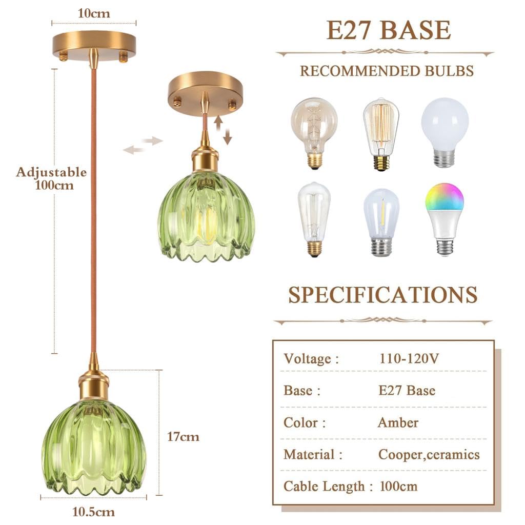 Lot de 2 Suspension en Verre Verte Fleur Vintage Laiton Doré Lustre Salon Moderne Éclairage de Plafond Art Déco Intérieure Suspendues Pour Salle à Manger Chambre Cuisine