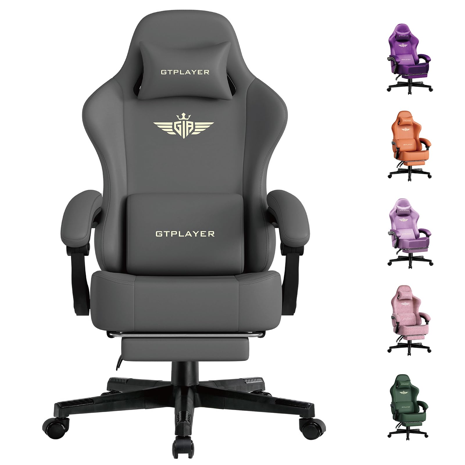 Gaming Chair, Ergonomic Computer Chair with Footrest and Lumbar Support Height Adjustable Home Office with 360°-Swivel Seat and Headrest Grey