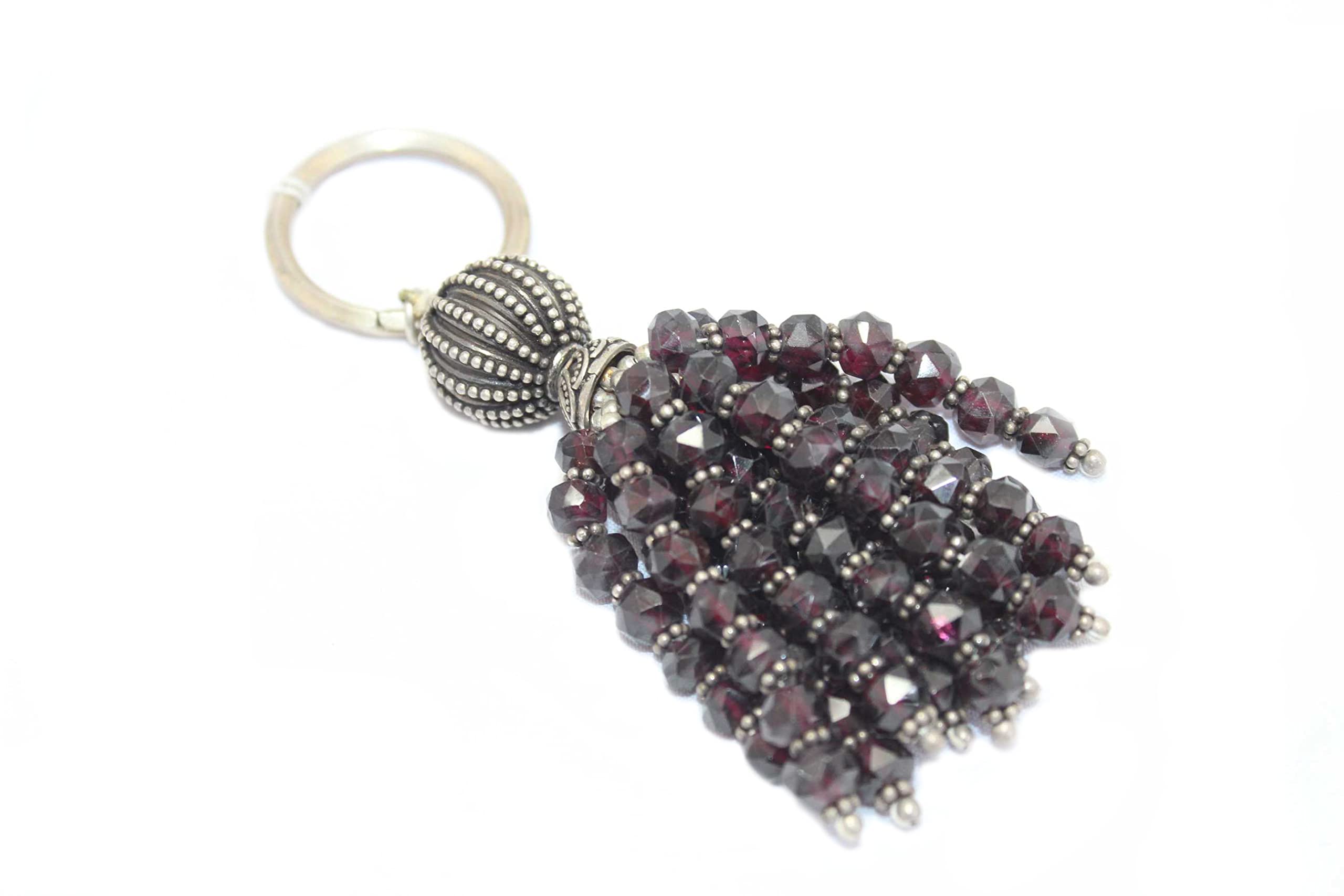 PH Artistic Key Chain 925 Solid Sterling Silver For Charms Key Holder Garnet Gem Stone D36