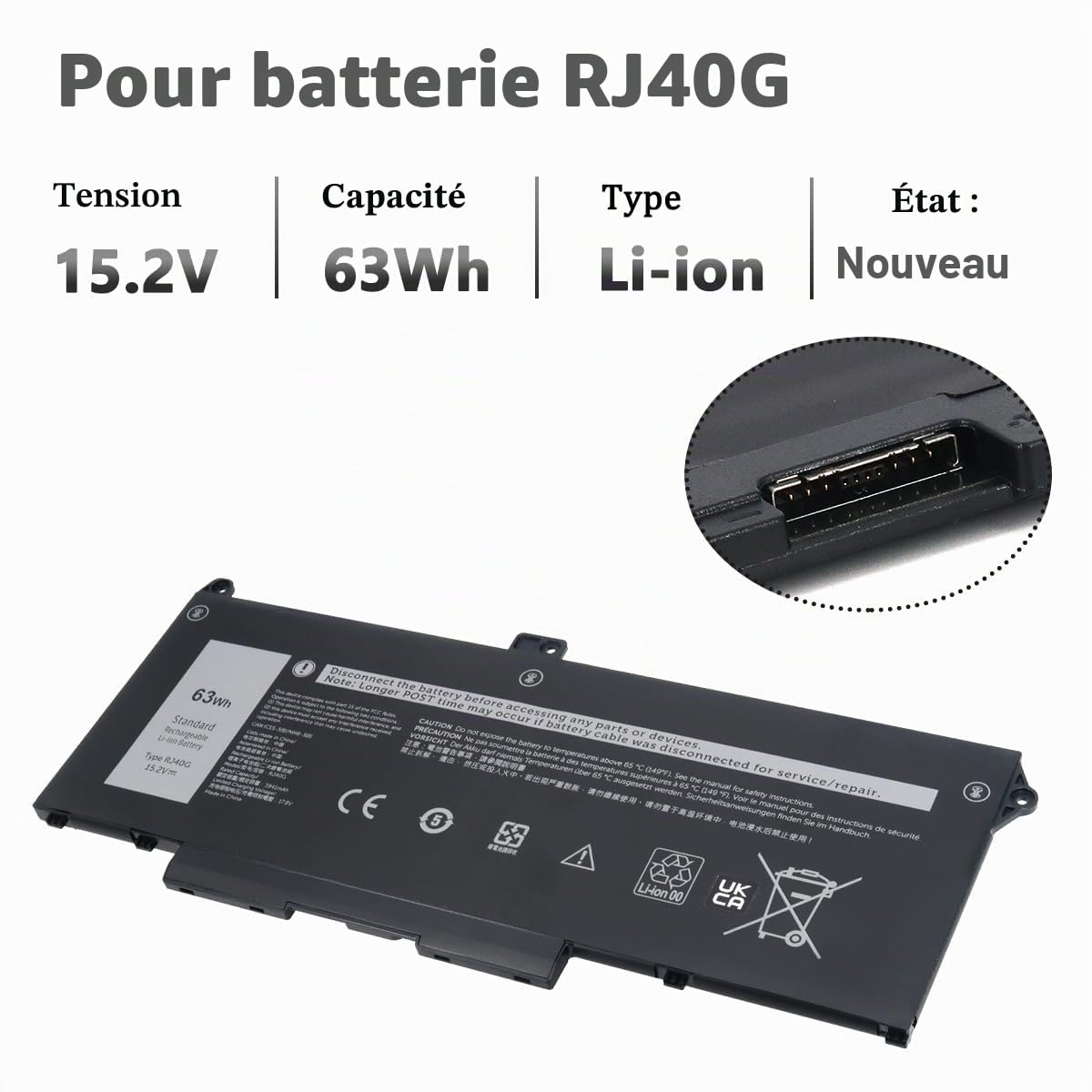 63Wh RJ40G Batterie pour Dell Latitude 15 5520 Latitude 14 5420 Precision 15 3560 Series M033W 01K2CF 075X16 WY9DX P137G P137G001 P104F P104F001 0WK3F1 0M3KCN 4 Cell 15.2V 3941mAh