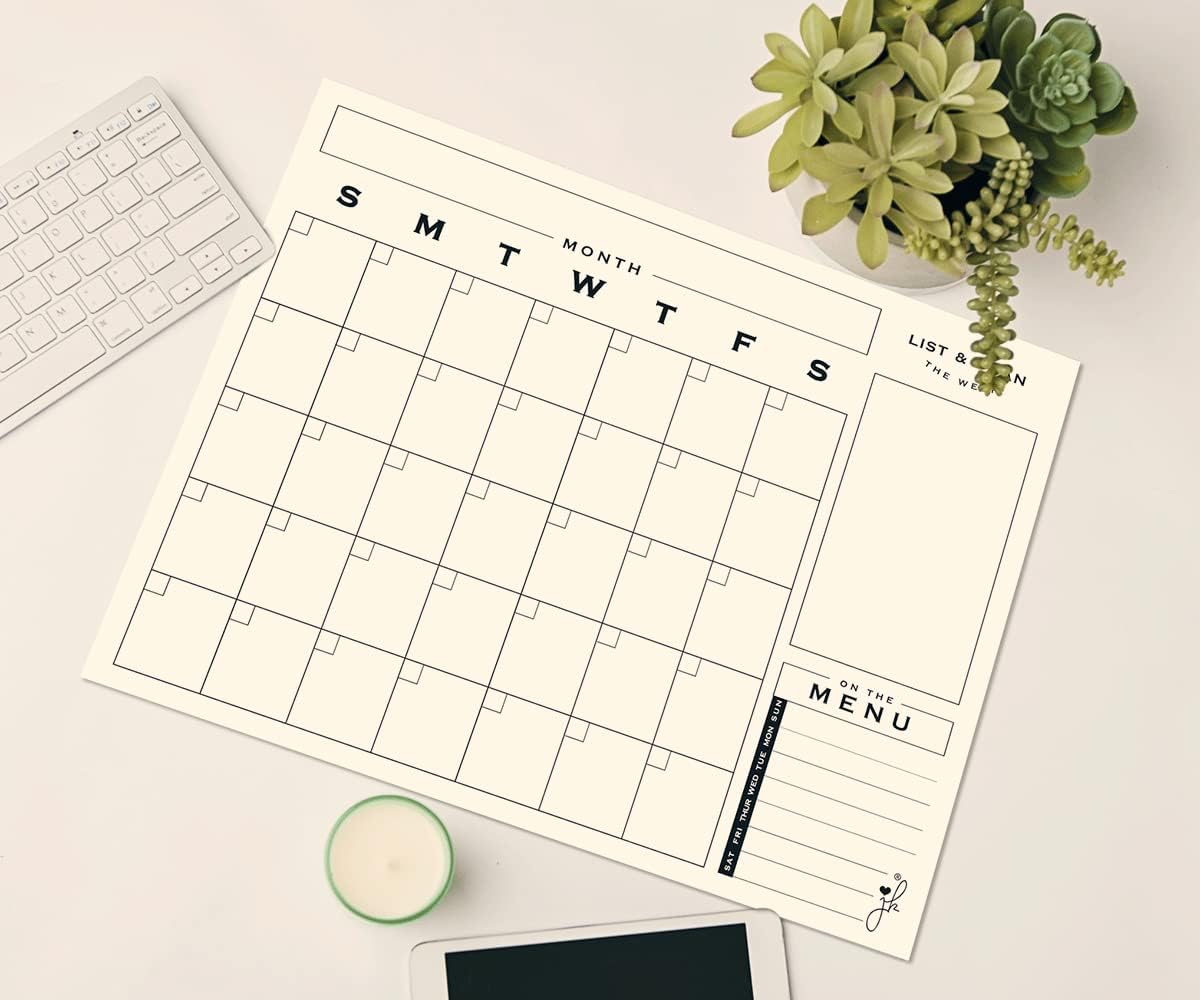 Jennakate - Monthly Calendar for Fridge -Dry Erase Flexible Whiteboard Magnet with Menu -Mid Mod Style (18"x14" - NO Marker)