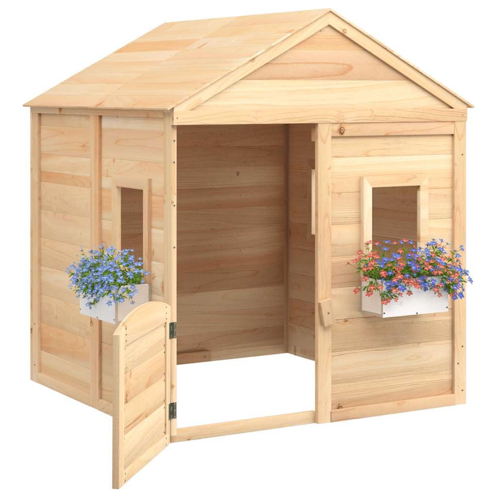 Spielhaus aus Tannenholz für Kinder, Gartenhaus mit abschließbarer Tür, 2 Blumentöpfen und Fenstern, wetterfestes Holzspielhaus für den Außenbereich, 125 x 120 x 132 cm