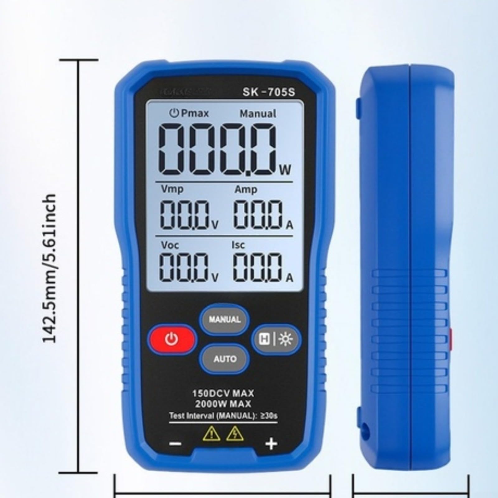 Modulo fotovoltaico Tester di potenza 2000W MPPT Misuratore del pannello solare con display LCD da 3,2 pollici Auto/manuale Gamma per test di sistemi fotovoltaici portatile blu (SK-705)