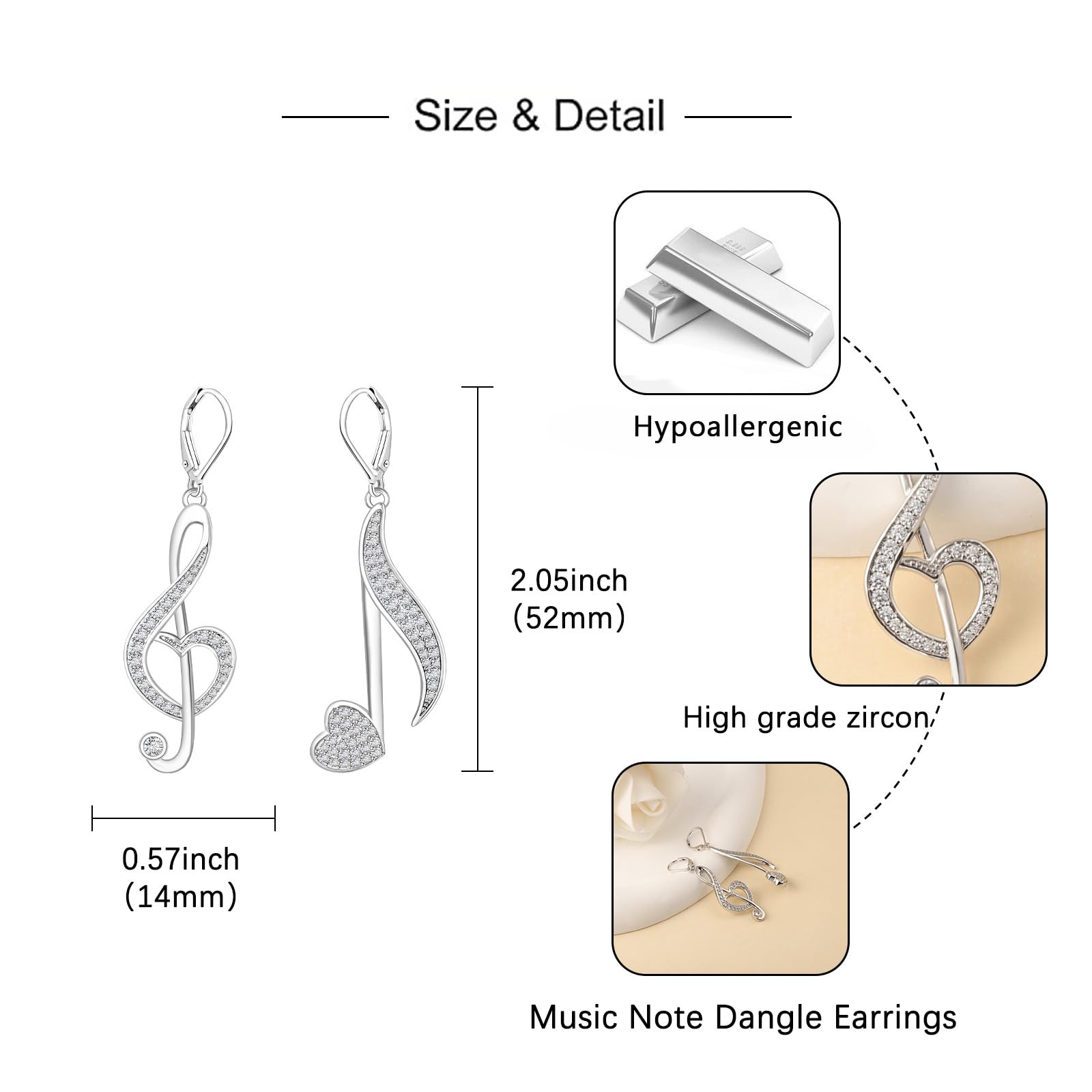 Silberne Ohrringe mit Violinschlüssel-Motiv, Zirkonia, Herzform, Musiknote, Schmuck, Geschenke für Frauen, Musikliebhaber, Konzert