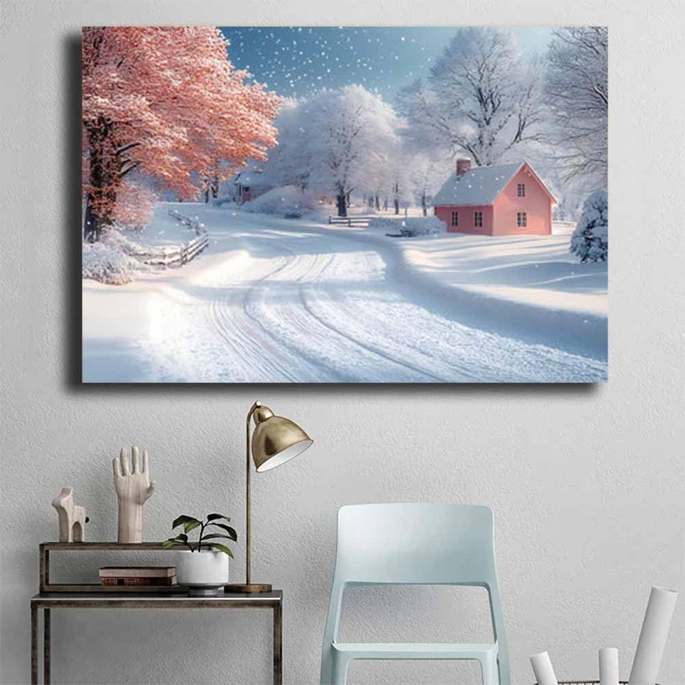 QUSAAOU Bilder Wohnzimmer Modern Rosafarbene Winterhütte bei Schneefall Moderne FüR Das Wohnzimmer Auf Leinwand Wandbilder Affiches Murales Pour La Maison(Pink)-40x60cm Gerahmt
