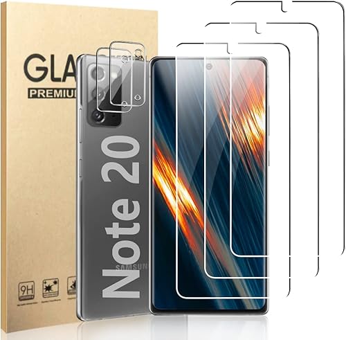 Paquete de 3 + 2 protectores de pantalla para Galaxy Note 20, con 2 protectores de lente de cámara, dureza 9H, compatible con huellas dactilares,