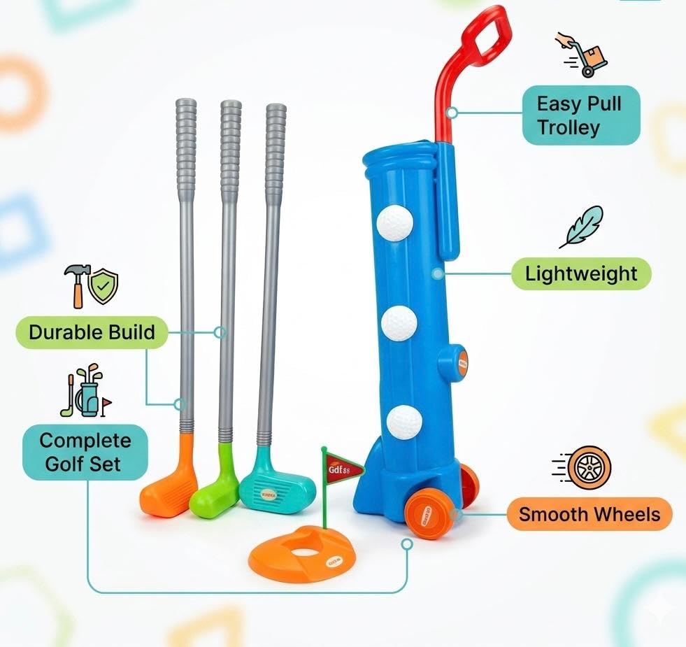 Image of Golf Trolley for Kids - Portable Golf Accessories Kit with 1 Trolley case, 3 Golf Sticks, 3 Balls, Platform Cup & Flag for 3+ Years Kids, Children, Boys, Girls, Sports Outdoor Game for Kids