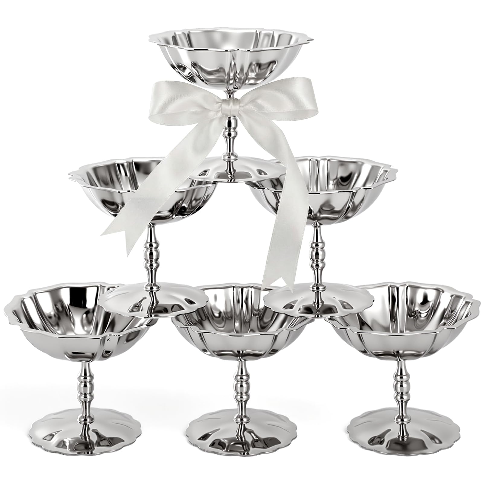Photo 1 of Ferrochef 6 Pcs Stainless Steel Ice Cream Bowls Silver Tulip Sherbet Dish Serving Dessert Cup Sundae Bowls Metal Round Footed Cups for Yogurt Snack Candy Mousse Fruit Salad Wedding Party Favor