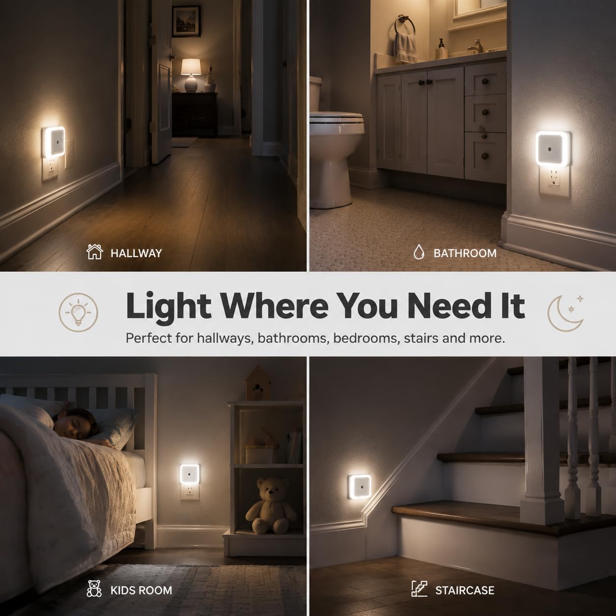 Othmro Luce Notturna Bambini, 4 Pezzi Luce Notturna LED con Sensore Crepuscolare, Luci Notturne da Presa per Bambini, Bagno, Corridoio, Cucina, Scale, Bianca Calda