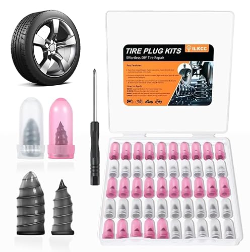 ILKCC Tire Repair Rubber Nails Kit - 50Pcs Vacuum Tire Repair Plugs Kit Spiral Rubber Screws, Fast Self-Service Tire Repair Tools for Cars, Truck, Tractor, Motorcycles Tire Puncture