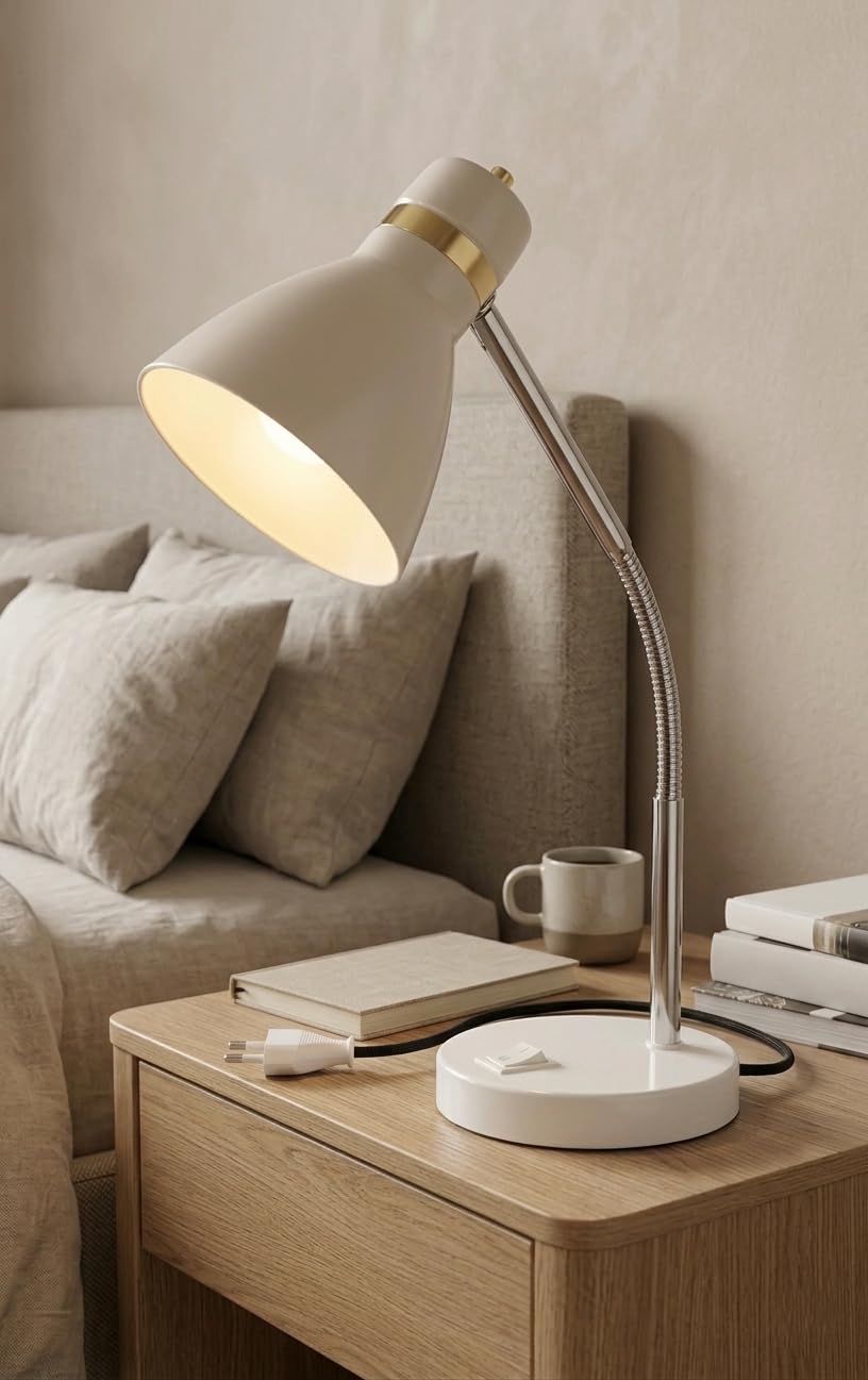 Study Desk Lamp, White Matte Finish with Golden Ring, All Metal Body with SS Neck, Round Base, B22 Brass Bulb Holder, 22 Inch (Bulb Not Included)-image-4