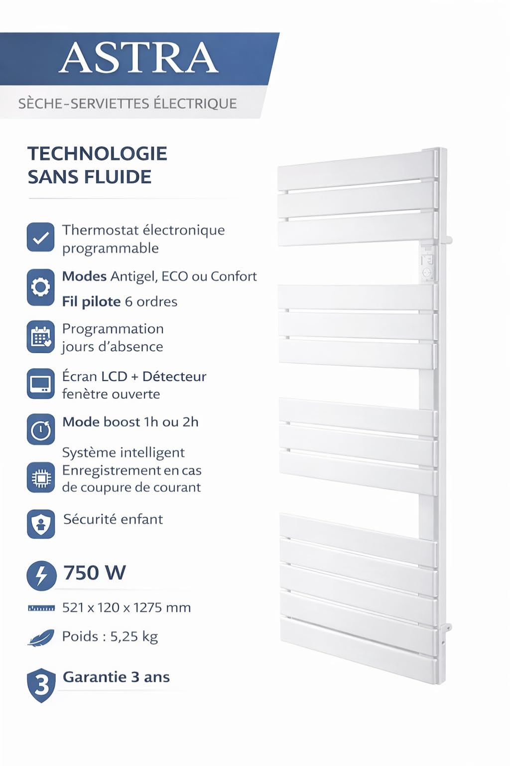 DREXON – Sèche-Serviettes Électrique ASTRA 750W Salle de Bain - Technologie Sans Fluide - Programmable - Thermostat Électronique - Fil Pilote 6 Ordres - Détection Fenêtre - Mode Boost