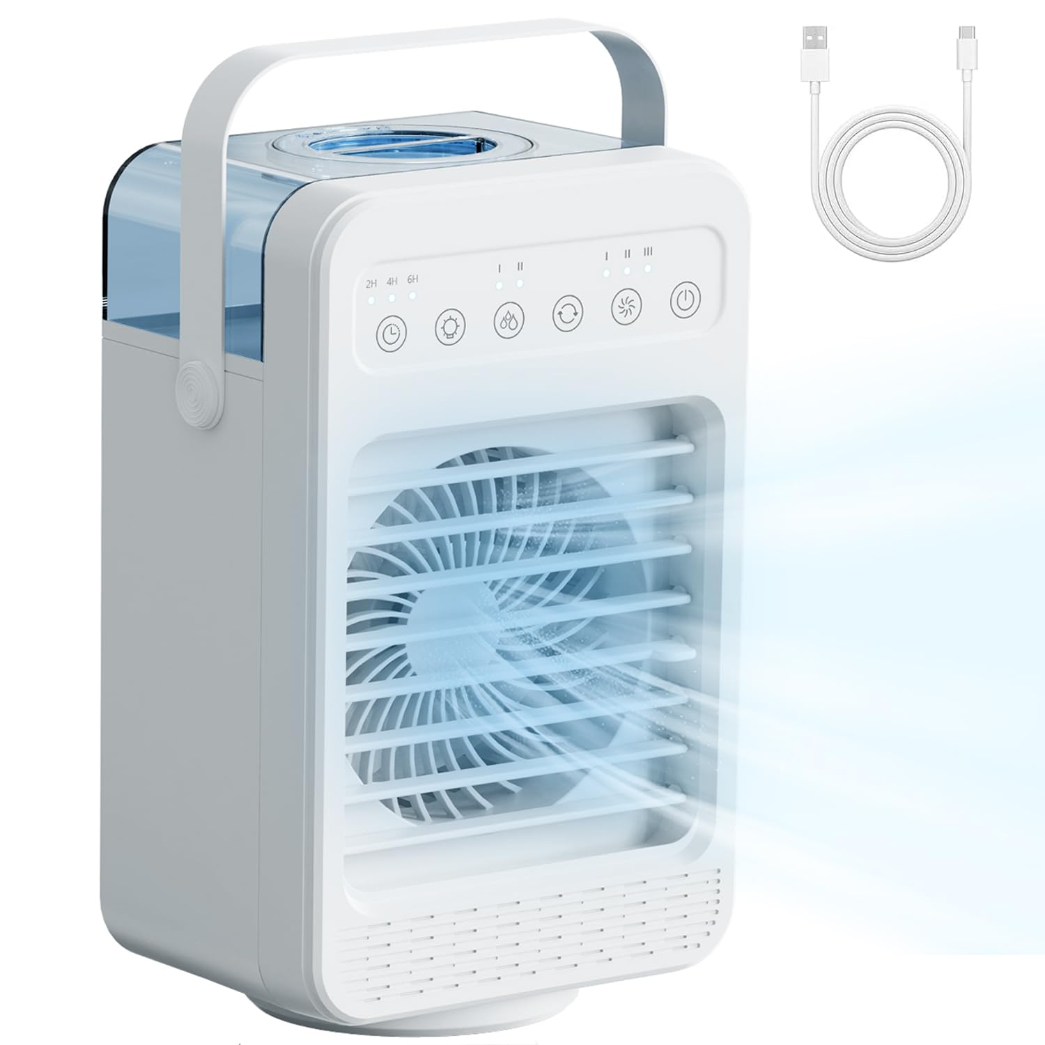 Aire Acondicionado Portatil, Mini Enfriador de Aire Acondicionado, Enfriador de Agua 4 en 1, 4 velocidad del viento, humidificador de 2 niveles, aire acondicionado personal para habitación y oficina