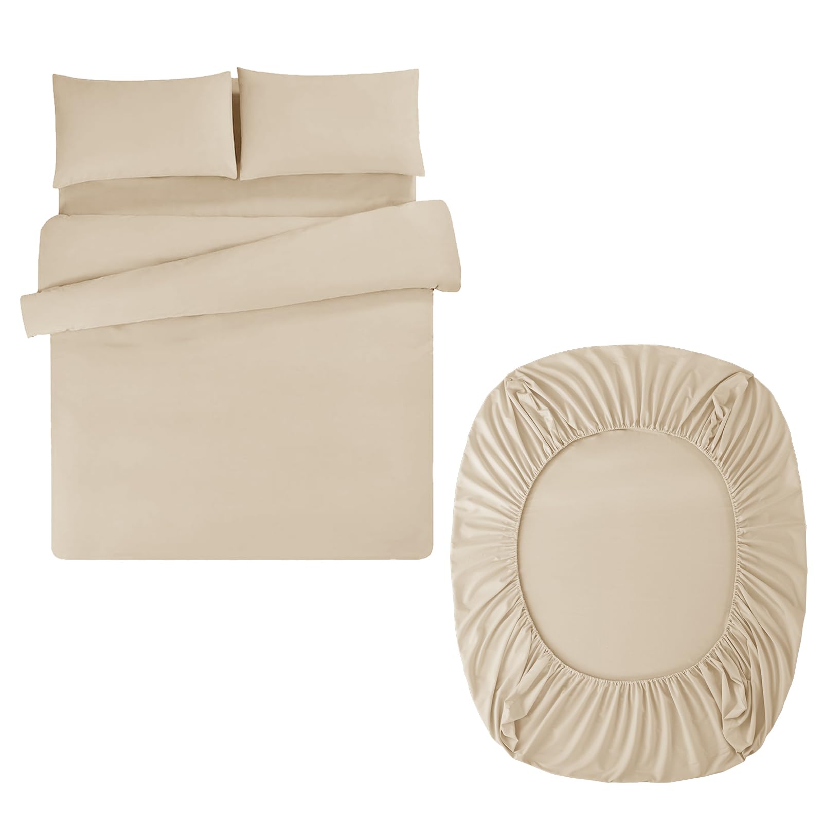 Aisbo Double Duvet Set with Sheet - Khaki 4 Pieces Microfiber Bedding Set for Double Bed, Includes Duvet Cover, Fitted Sheet and Pillowcases