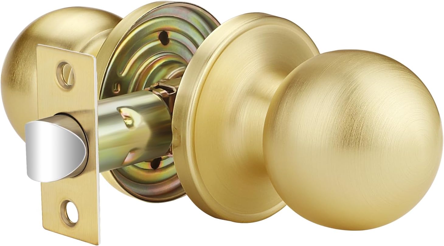 1 Pack Gold Door Knobs Interior, Closet Door Knobs Without Lock, Keyless Passage Door Handle, Reversible for Left/Right Handed Doors, Satin Brass Finish