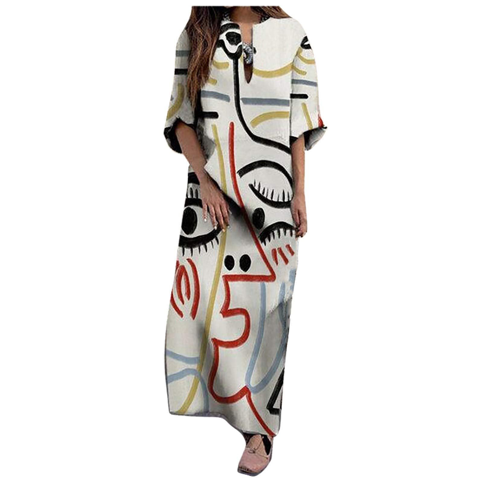 BAOIWEIWomen's Casual Long Dress Fashion V-Neck Abstract Human Face Sketch Print Loose Short Sleeve Tshirt Dresses Sundress