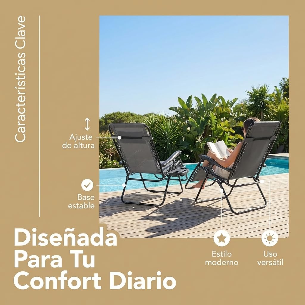 Juego de 2 Tumbonas Plegables | Resistente, Reposabrazos, y Bandeja con Portavasos | Ideales para Jardín, Terraza, Patio, Piscina, Camping o Playa | Cómodas, Duraderas (Gris) — view 2