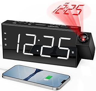 Alarm Clock for Bedroom with Projection, 350° Rotatable Projector, 7" LED Display, Adjustable Brightness & Volume, USB Charging Port, 2 Alarms, Snooze, Battery Backup,12/24H/DST