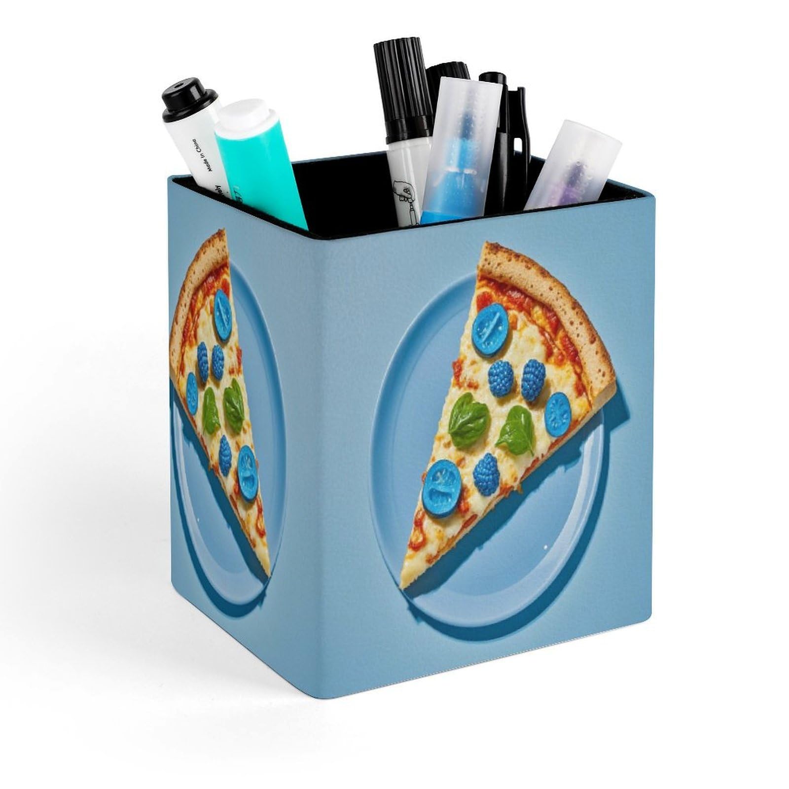 FekiLoot Light Blue Pizza Slice Pencil Holder for Desk Square Leather Pen Holder Cup Desktop Organizer Multi-Functional Pencil Cup Holders Modern Decorative Desk Organizer Caddy Makeup Brush Holders