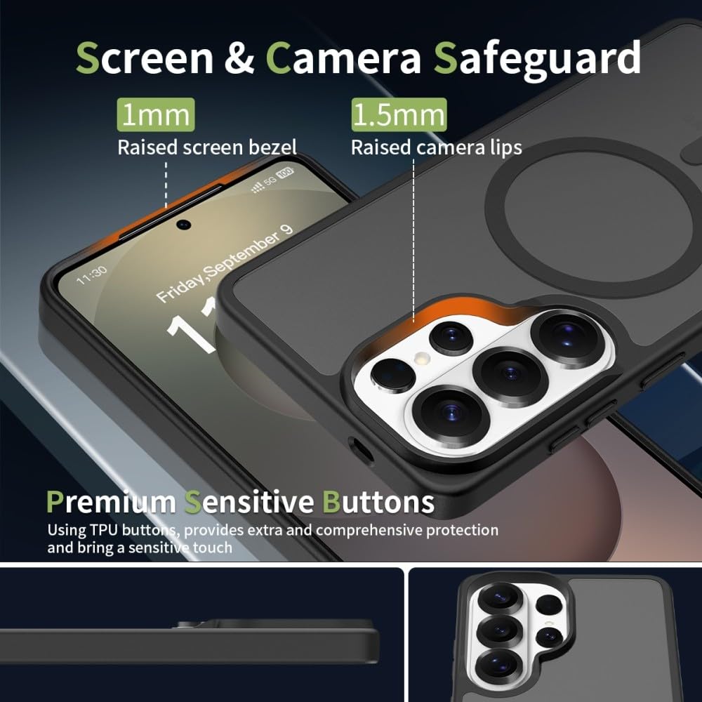 Schutzhülle kompatibel mit Samsung Galaxy S23 Plus (Farbe: Schwarz), solide, harte transparente Rückseite, magnetische Silikonhülle