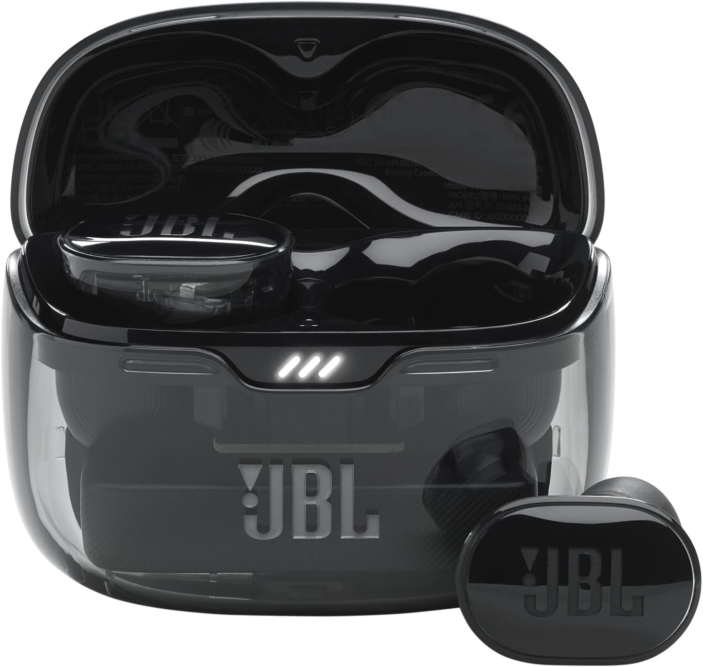JBL Tune Buds in their open charging case, showing the earbuds nestled inside.
