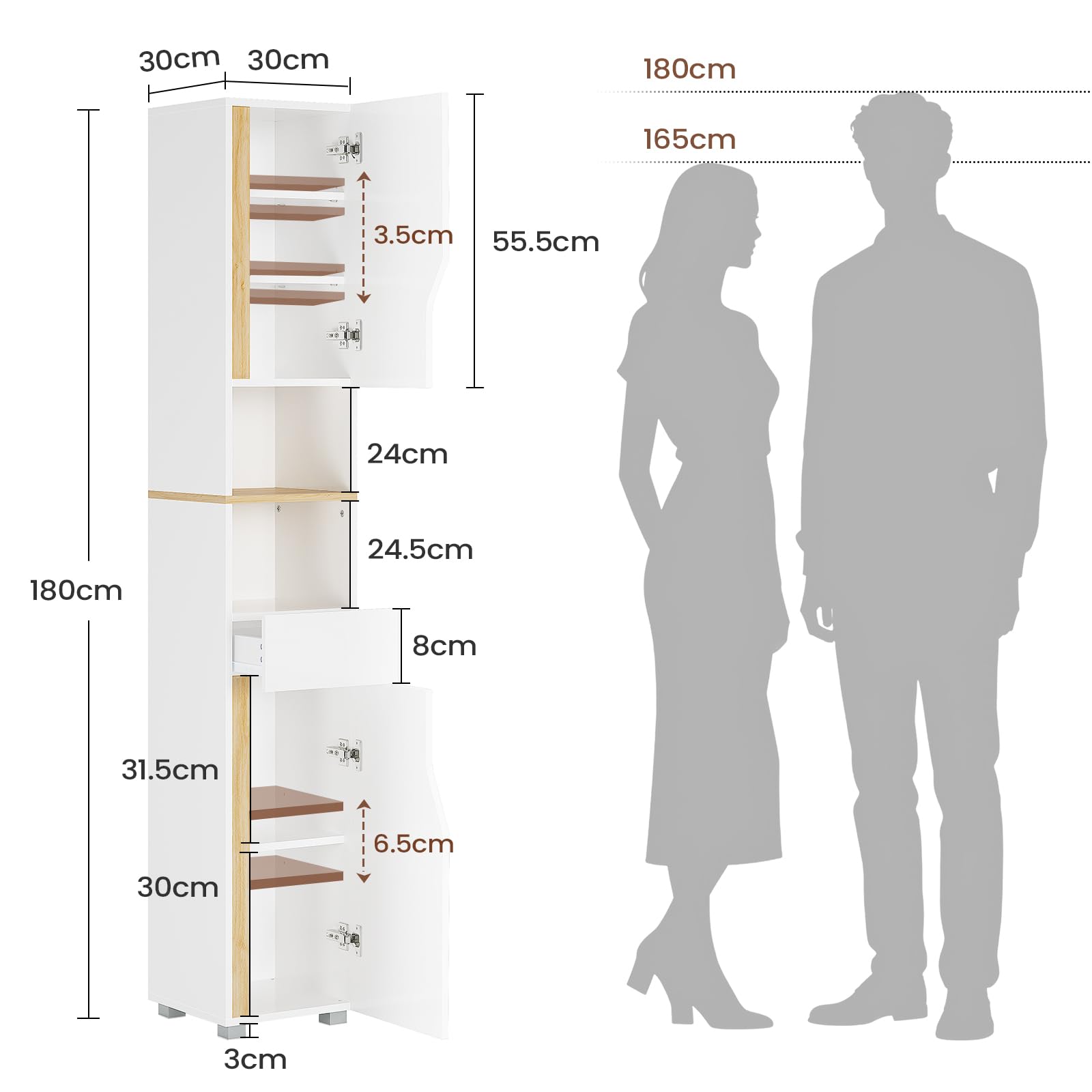 Badezimmerschrank, Hochschrank Badezimmer mit Schublade, verstellbare Ablagen, 2 offenen Fächern, platzsparender Badschrank, Badmöbel, für Wohnzimmer, Küche und Bad, Weiß, 30 x 30 x 180 cm