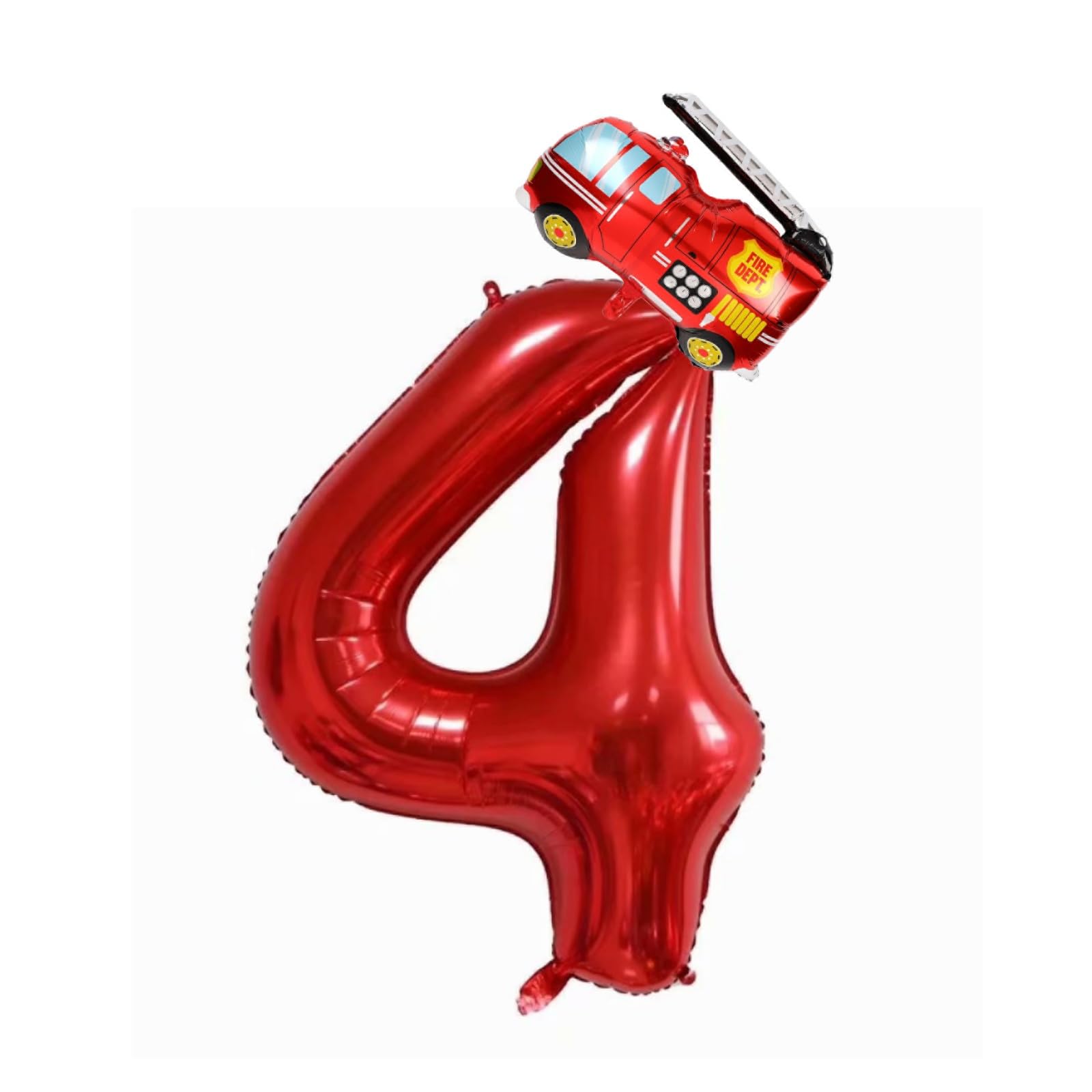 Hengximaoyi Fire Truck Red 4 Balloons, 40inch Number 4 & 13inch Fire Truck Foil Balloons, 4th Birthday Party Supplies, 1pcs Each, Includes Straw &