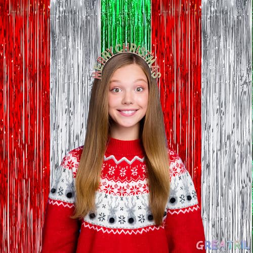 Image of Red Silver Green Party Streamers - GREATRIL Christmas Tinsel Backdrop for Xmas Winter Italian Elf Themed Parties Decorations - 2 Packs
