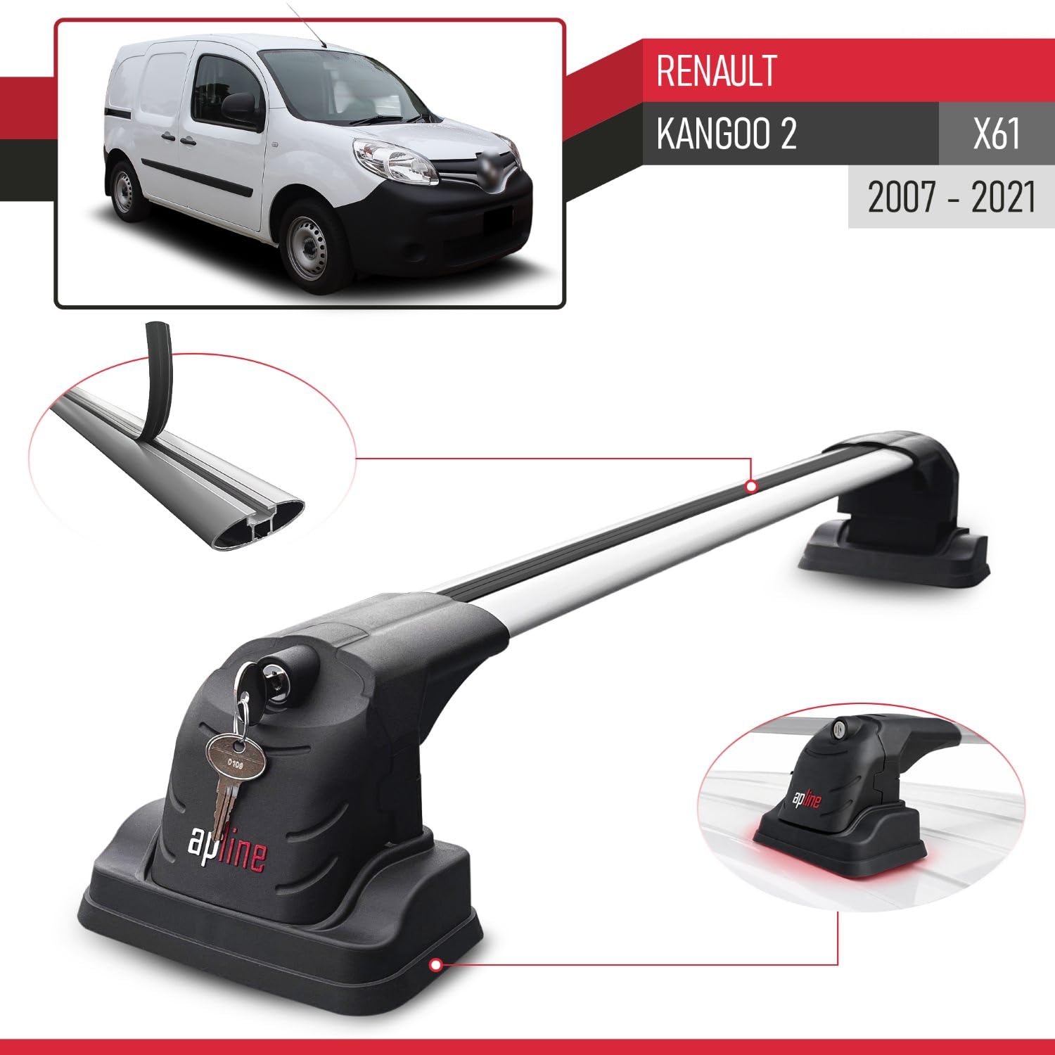 Compatible con Renault Kangoo 2 2007-2021 Ace-3 Barras de Techo Auto Portaequipajes Barras Transversales Gris Aluminio 2 Barras