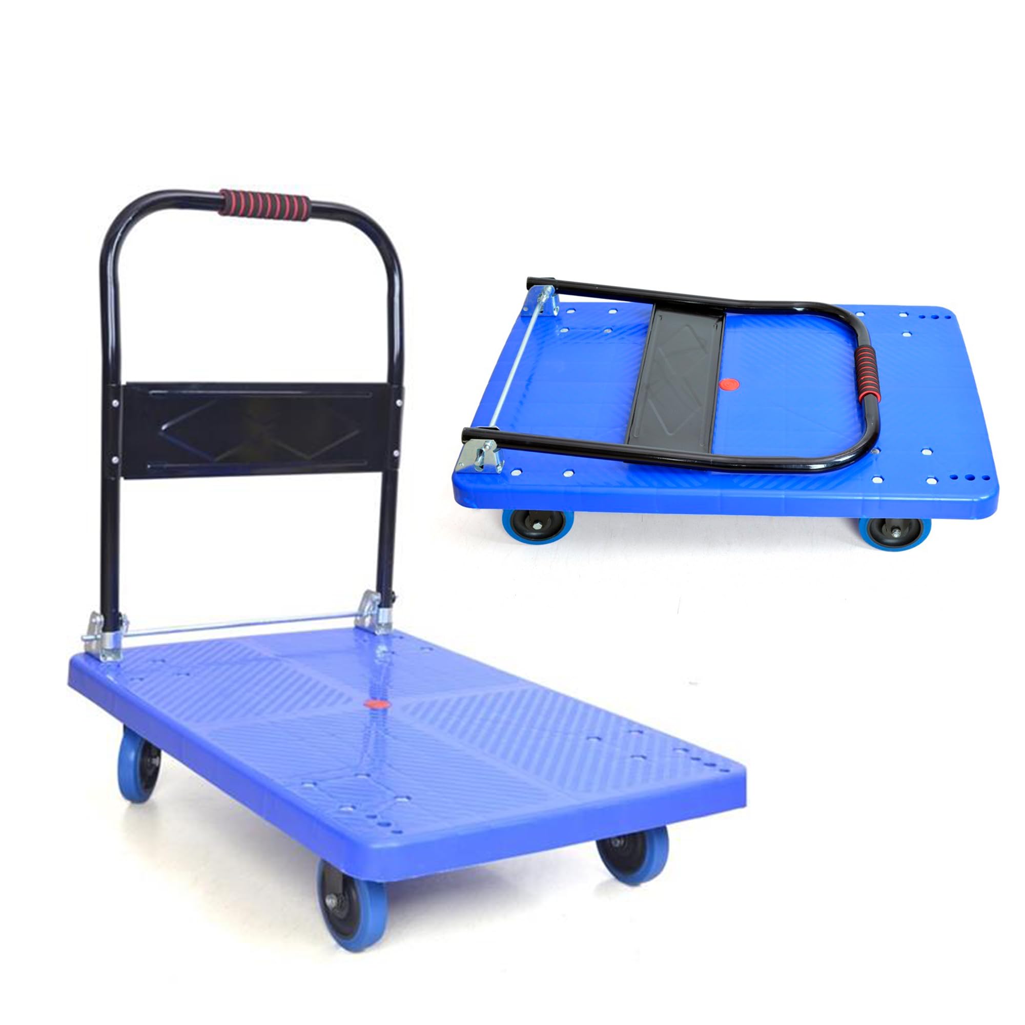BonKaso 150Kg Foldable Platform Trolley 72.5x48.5x98.5cm Black | Portable Plastic Hand Truck with 360° Rotating Wheels Cart for Home Office & Warehouse (Black)