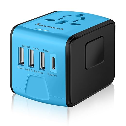 SAUNORCH Travel Adapter Worldwide, Universal International Power Plug Adapter W/2.4A 3xUSB-A and 3.0A Type-C Wall Charger, European Travel Plug Adapter for Europe UK EU US CA AU Italy Asia-Blue