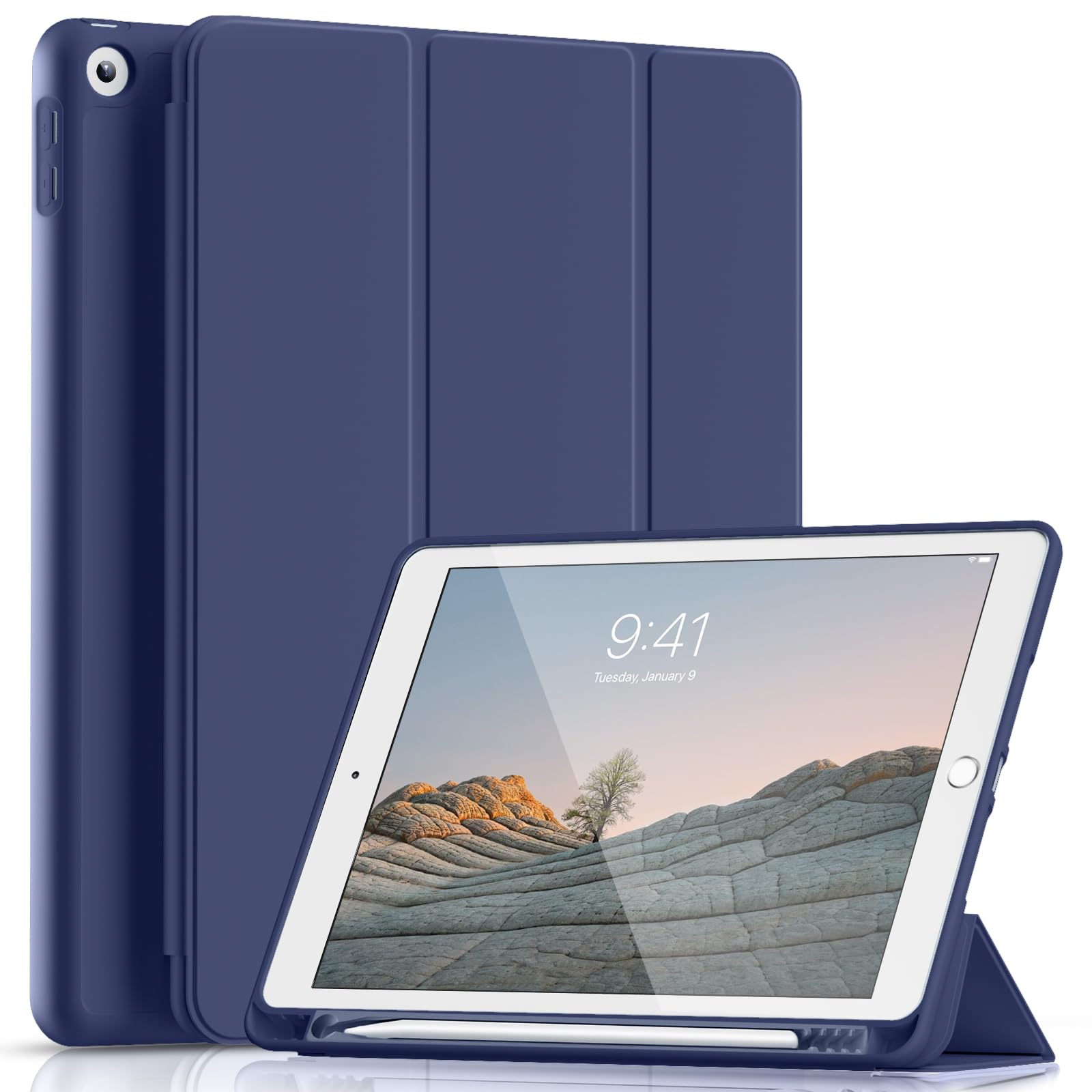 Lsmmpoba Hülle für iPad 9. / 8. / 7. Generation mit Stifthalter 10.2 Zoll Modell 2021/2020 / 2019, Ultradünne Schutzhülle aus TPU mit Standfunktion für iPad 10.2, Navy