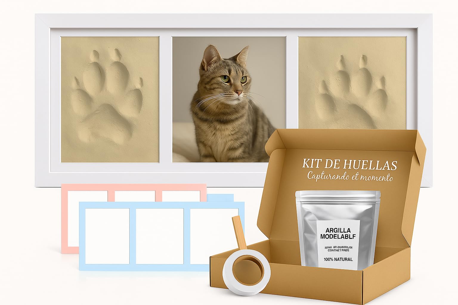 Marco para Huellas de Mascota (Perro, Gato) con Foto. Kit de Impresión de Arcilla Blanca. Caja Regalo con paspartus de Colores.Recuerdo Personalizado para Perros y Gatos.