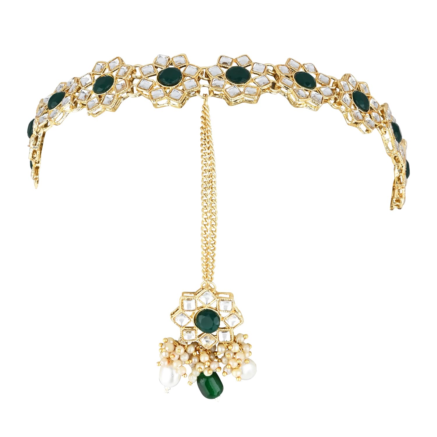 Gold Plated Metal Traditional Floral Kundan Pearl Studded Rajasthani Sheeshphool/Mathapatti for Women-image-9