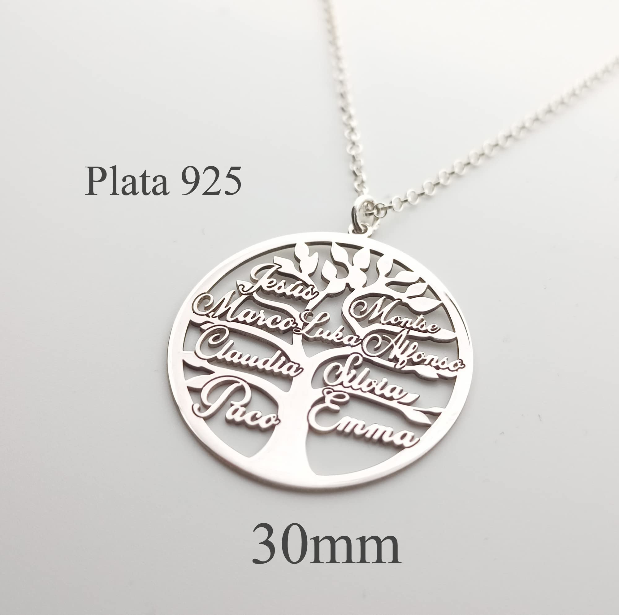 Collar Árbol de la Vida Personalizado con Nombres - Fabricado en Plata de Ley 925/1000 - Modelo STD 30mm, Opcional hasta 9 Nombres - Regalo Madres o Abuelas. 30mm