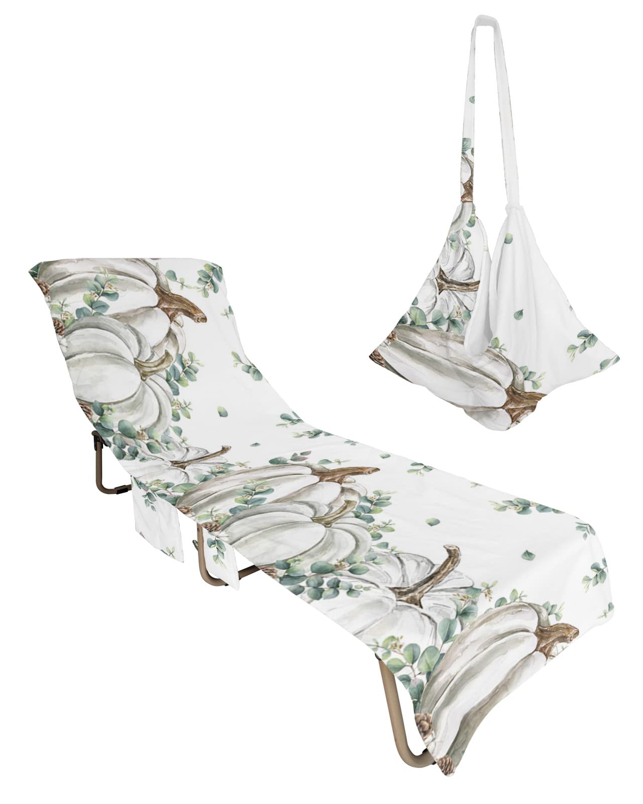 Eucalyptus Beach Chair Towel Covers for Chaise Lounge with Side Pocket, Soft Plush Pool Towels Cover for Patio Sunbathing Outdoor 29''x85'' Thanksgiving Fall White Pumpkin Leaves