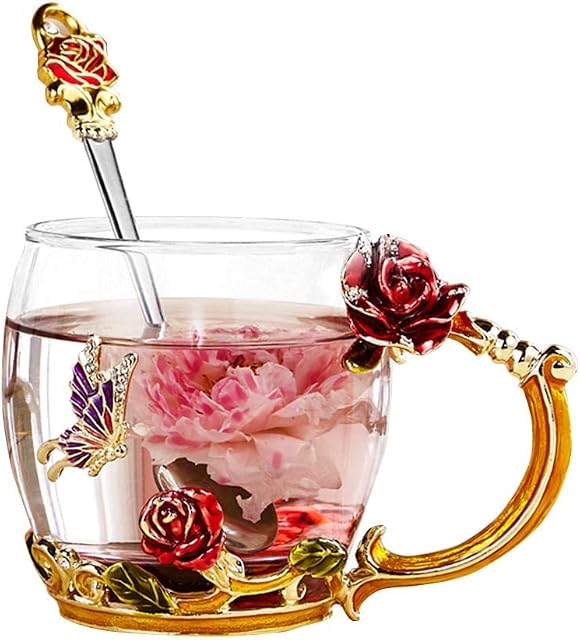 Flower Tea Cup, Handmade Glass Enamel Coffee Mugs with Spoon Enamel Glass Mug for Women Birthday Valentines Wedding