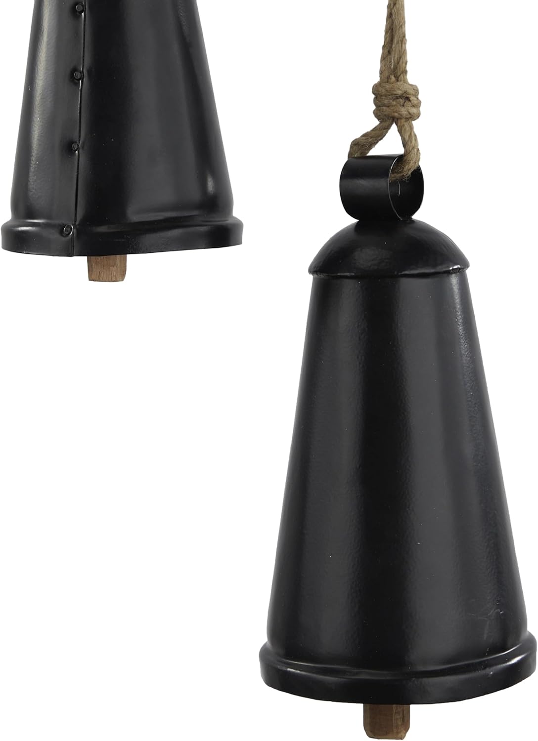 Deco 79 Black Metal Tibetan Inspired Decorative Cow Bells with Jute Hanging Rope, Set of 3 12",9", 6"H - Narrow Cone