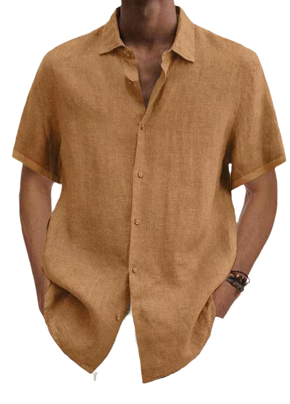 Men's Simple Linen Shirt Summer New Solid Color Loose Lapel Buttons Short Sleeve Shirt