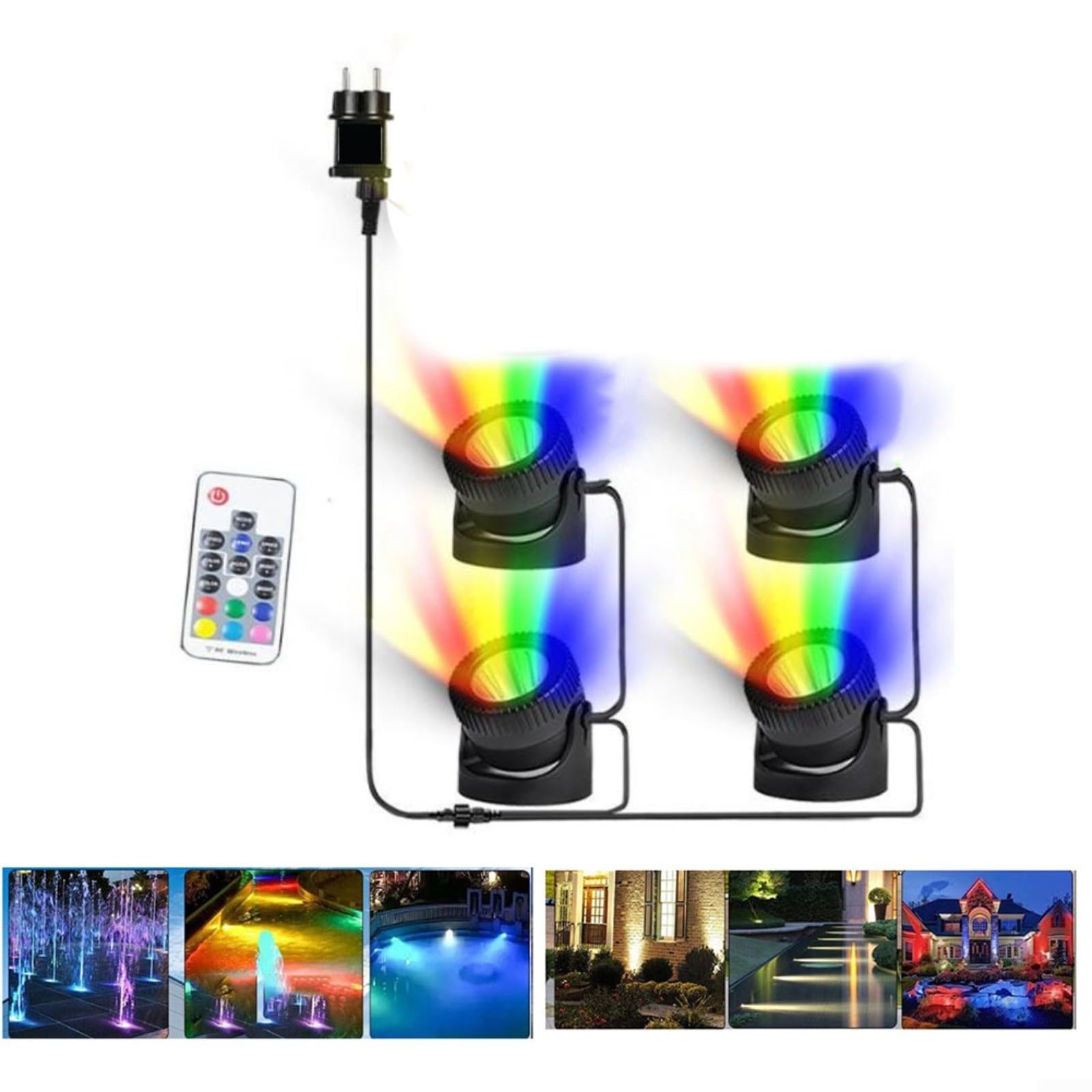 Luci subacquee 4 in 1 per laghetto, impermeabilità IP68, LED per giardino, piscina, fontana, decorazione, kit di illuminazione esterna (bianco caldo)