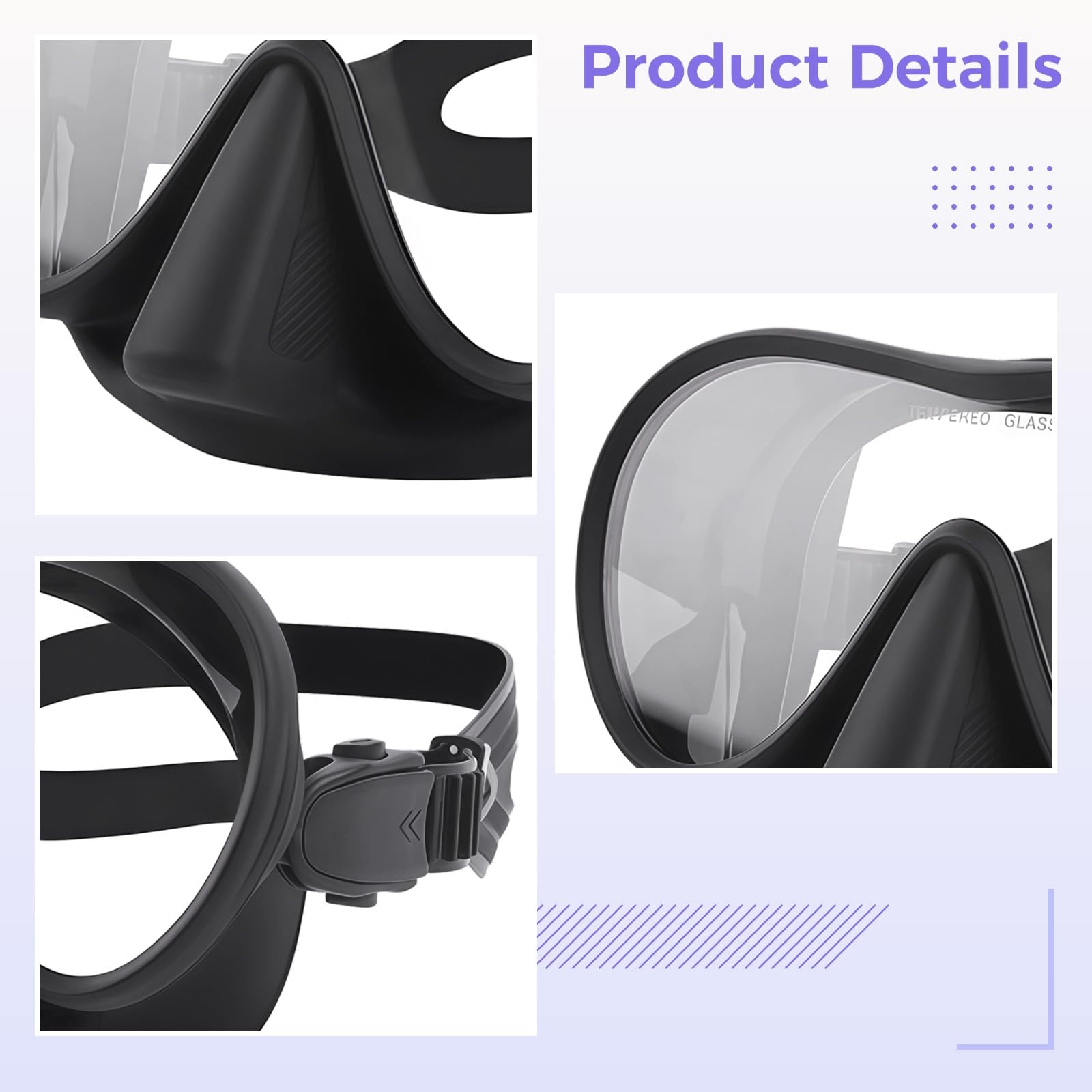 Maschera subacquea senza cornice, maschera subacquea a lente singola, panoramica anti appannamento, silicone liquido nero, vetro temperato per adulti, 106,8 x 156,7 mm