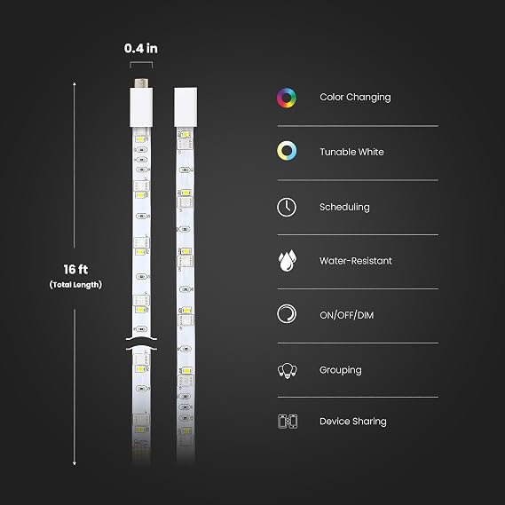 Feit Electric Smart Light Strip 16FT ، Ultrathin RGBW Color Chasing LED Light Strip ، 2.4 جيجا هرتز Wi-Fi ممكّن ، يعمل مع Alexa و Google Home Assistant ، Remote Control ، (0.4in x 192in) TAPE192 / CHASE / AG