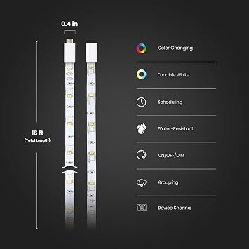 Feit Electric Smart Light Strip 16FT ، Ultrathin RGBW Color Chasing LED Light Strip ، 2.4 جيجا هرتز Wi-Fi ممكّن ، يعمل مع Alexa و Google Home Assistant ، Remote Control ، (0.4in x 192in) TAPE192 / CHASE / AG