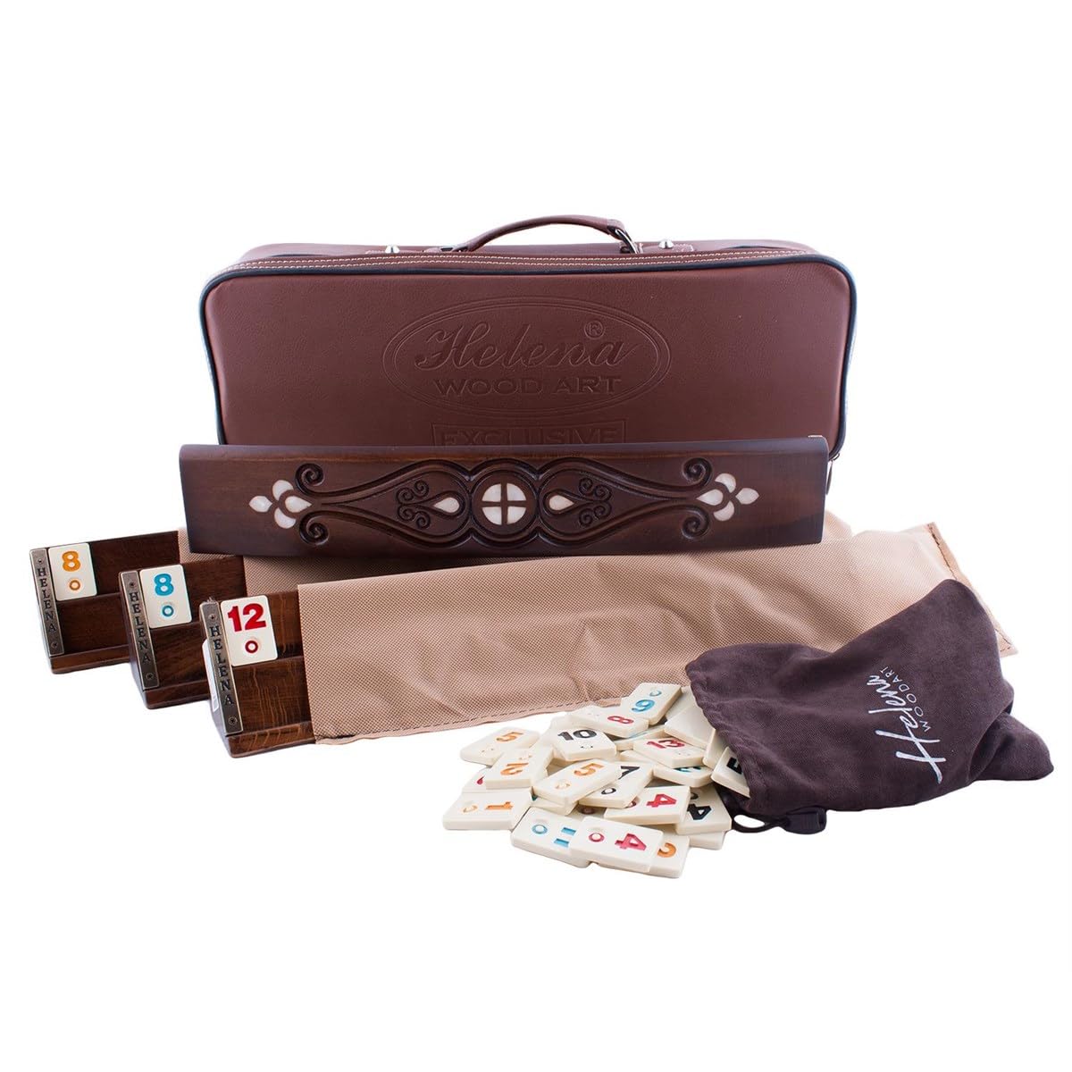 Juego De Rummy Ovalado De Madera Hecho A Mano – Edición De Lujo Con Fichas De Melamina, Bolsa De Transporte Y Estante De 42 Cm