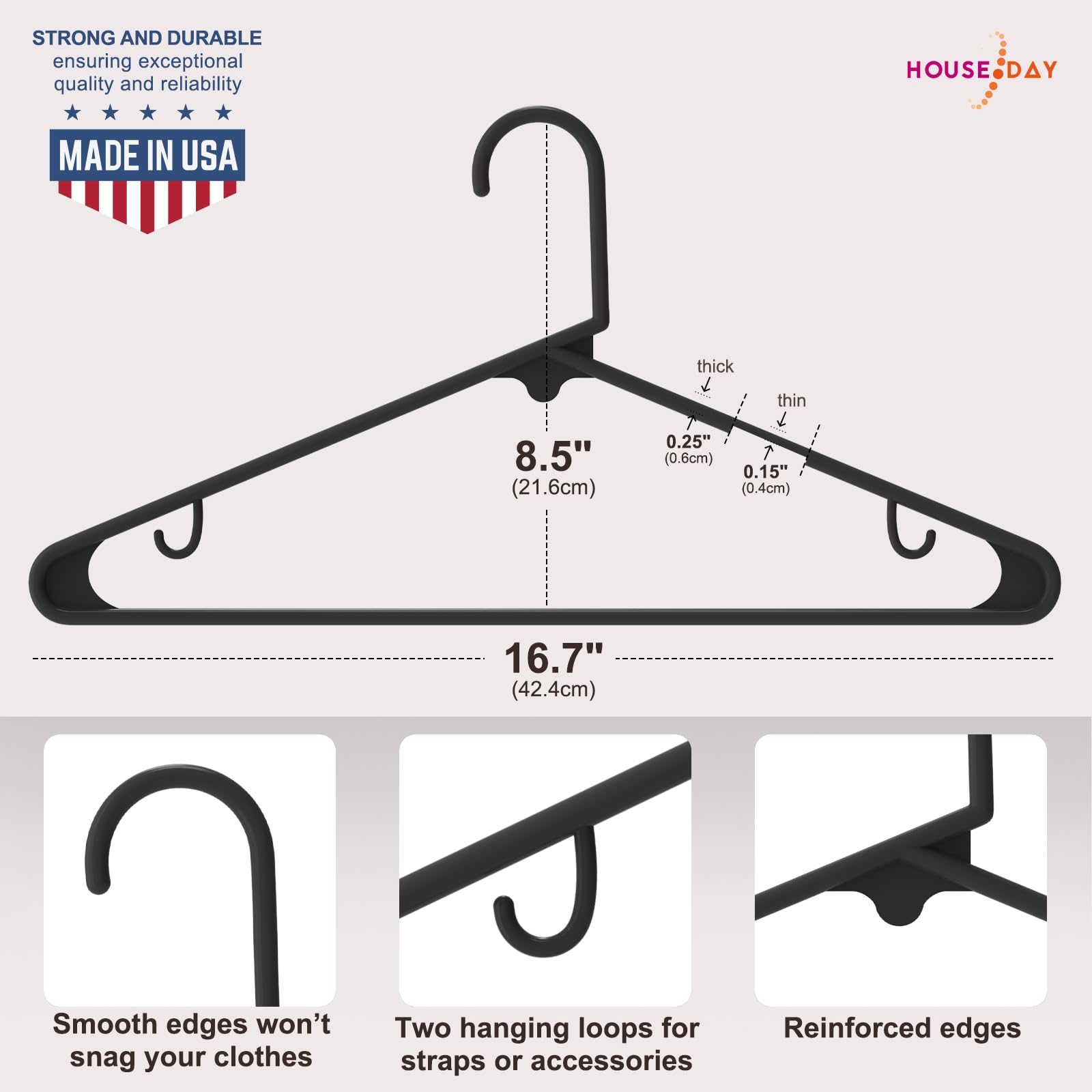HOUSE DAY Plastic Hangers Black 50 Pack Durable & Space Saving Clothes Hangers Bulk Suit & Coat Hangers with Non-Slip Hook Closet Hangers Lightweight Hangers for Clothing, Shirts, Pants, Dresses