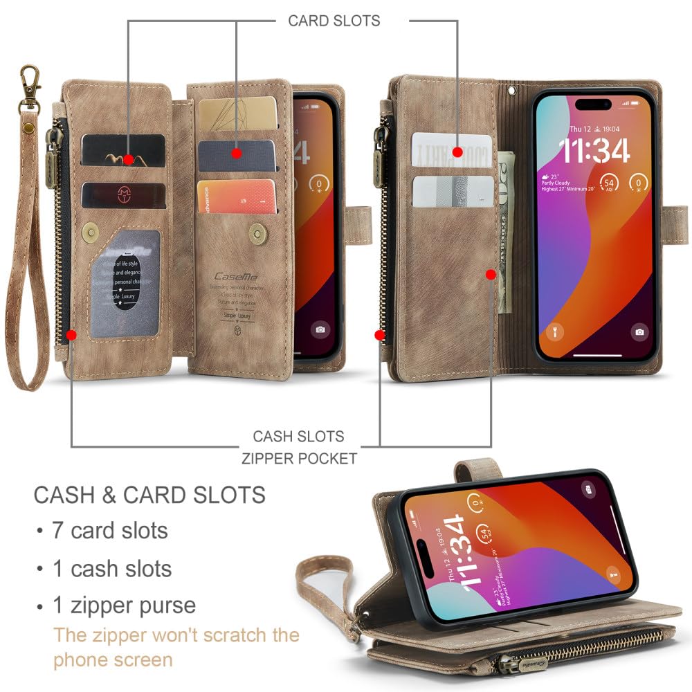Funda tipo billetera de cuero de lujo para iPhone 15 14 13 12 Mini 11 Pro XS Max X XR Funda tipo billetera con ranura para tarjeta con cremallera para iPhone SE 7 8 Plus, marrón, para iPhone 14 Plus