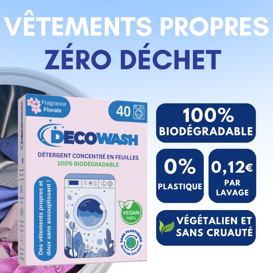 Feuilles de Lessive pour Machine à Laver (jusqu'à 400 lavages) - Parfum Floral, Effet Adoucissant, Écologique, Hypoallergénique, Végétalien et Sans Cruauté - Vêtements Propres et Doux Sans Polluer